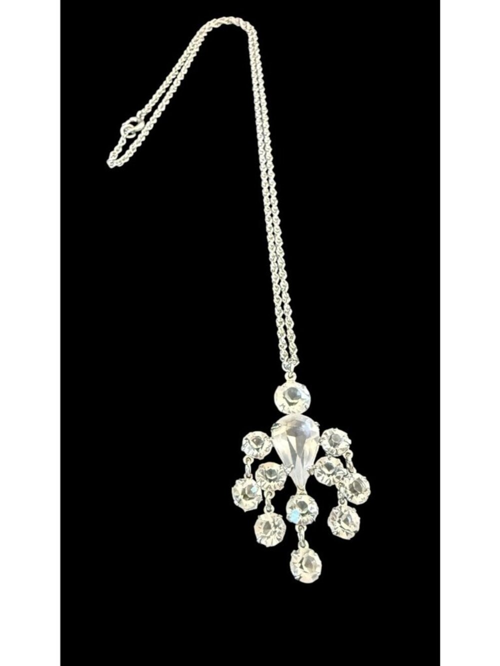 Antique Art Deco 12k White Gold Filled Crystal Rhinestone Open Bezel Necklace
